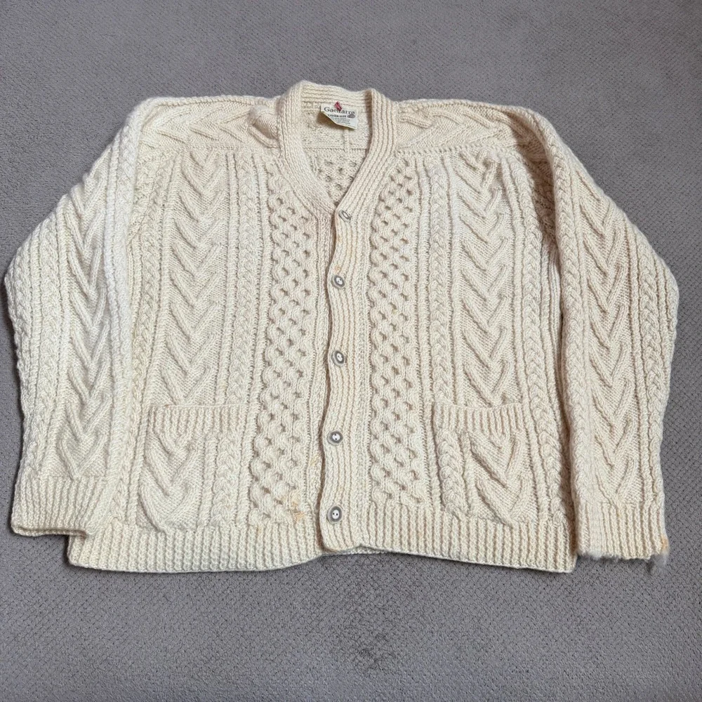 Vintage 1990s Gaeltarra Handknit Aran Fisherman Cardigan Sweater Cream Wool 40